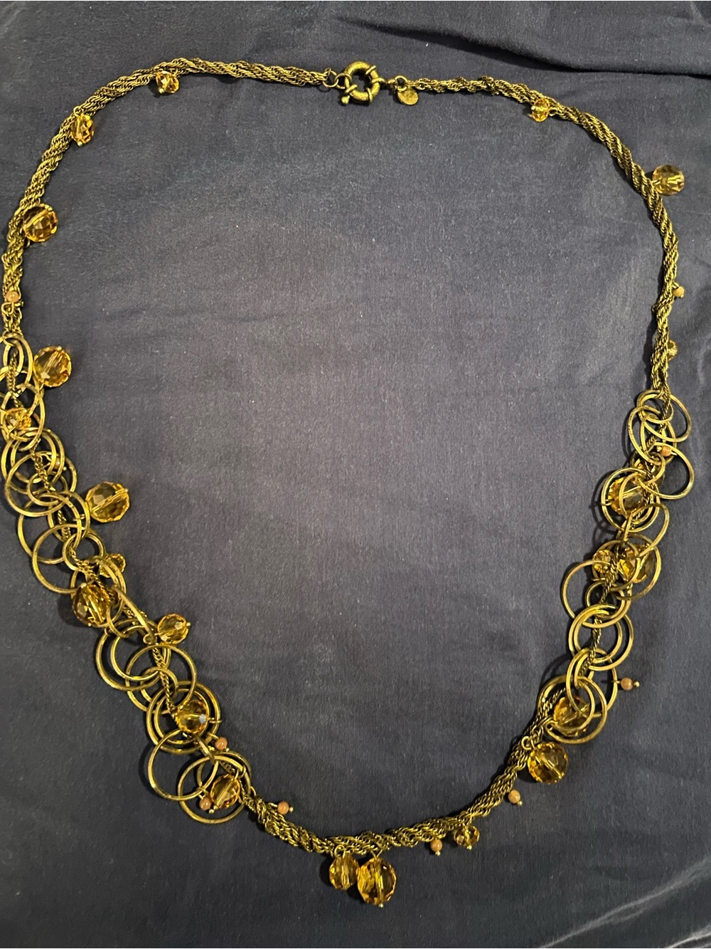 Gold-Tone brushed brass Circle Link Necklace with Amber Crystal Accents